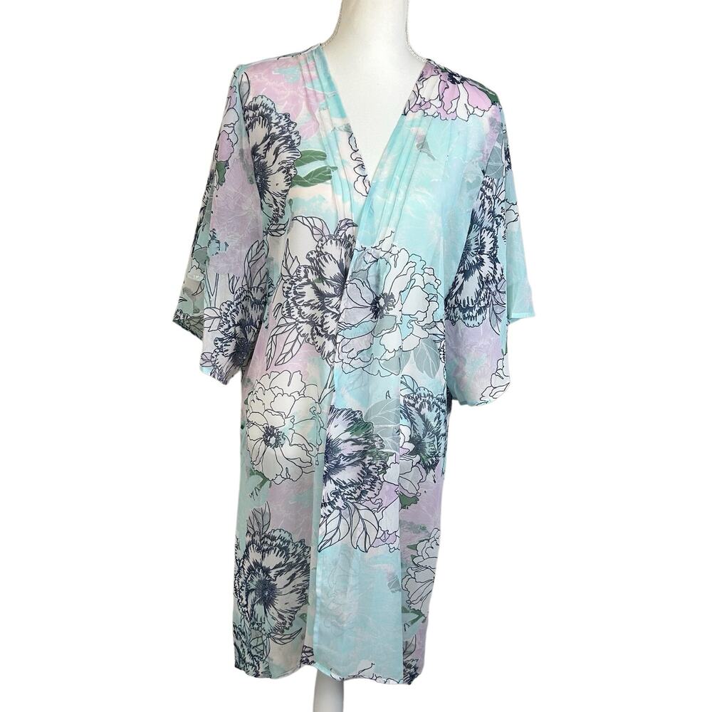 Harlow & Rose Cover Up Women XL Blue Pink Floral Maxi Sheer Coastal Open Kimono